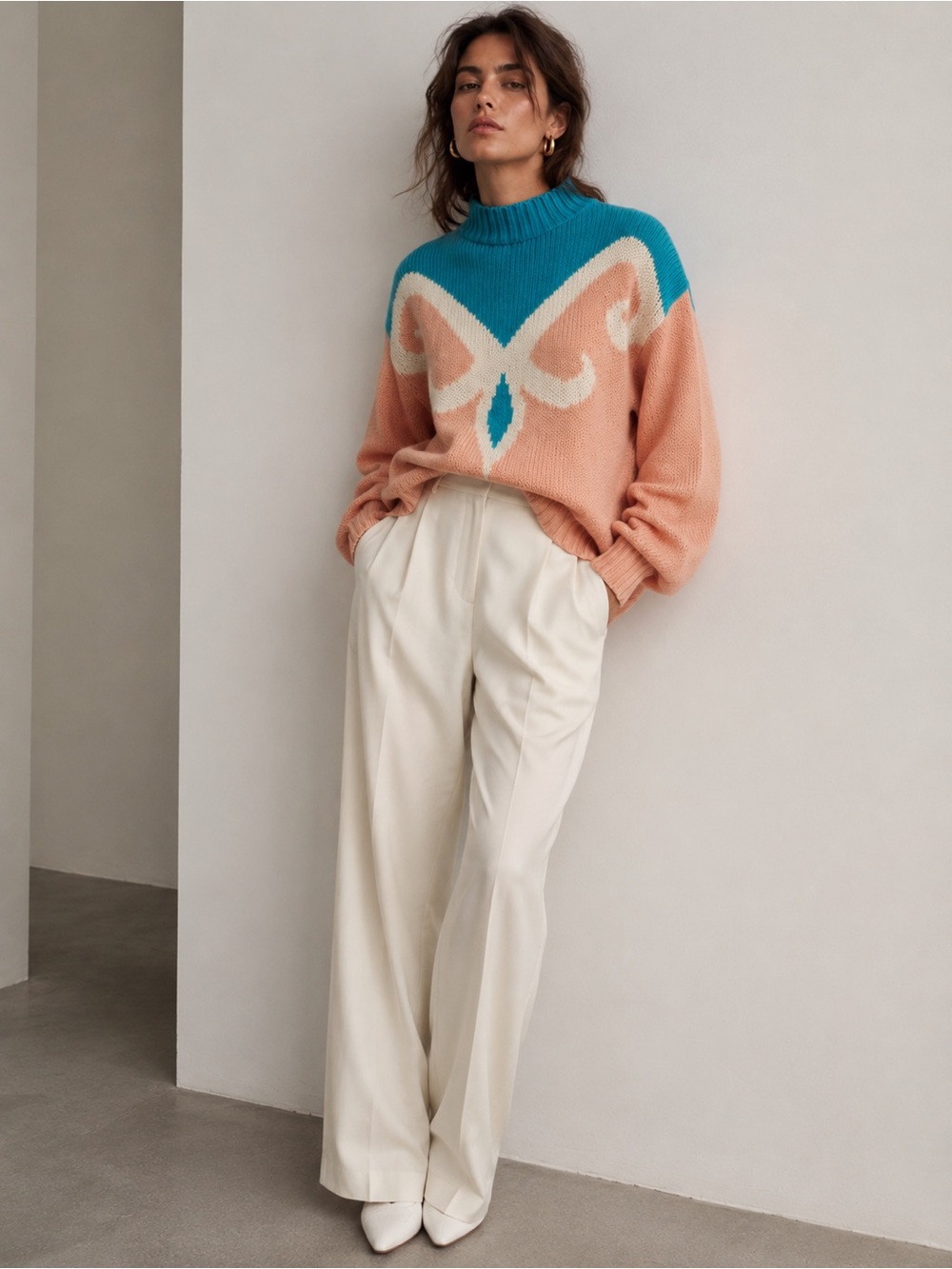 VINTAGE Pale Pink & Blue Mock Neck Sweater Size M